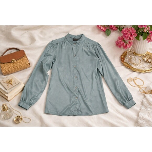Perry Woodard California Tops - Vintage Sage Satin Blouse M L Band Collar 90s Minimalist Balletcore Silk Feel